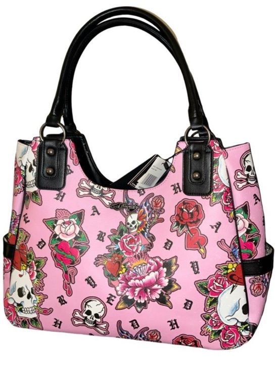 Ed Hardy Handbags - Ed Hardy Pink Floral Skull Tote Bag